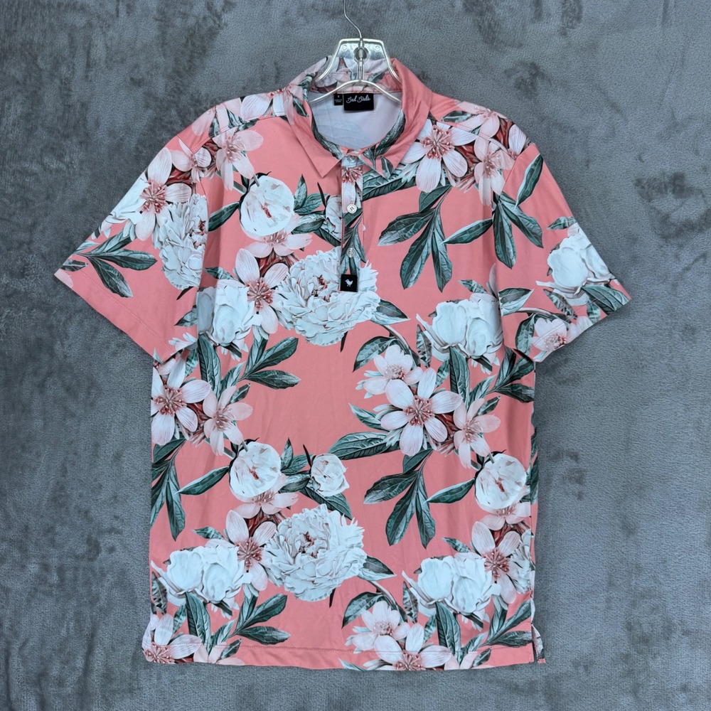 Bad Birdie Mens Floral Golf Polo Shirt Pink White Short Sleeve Size Small